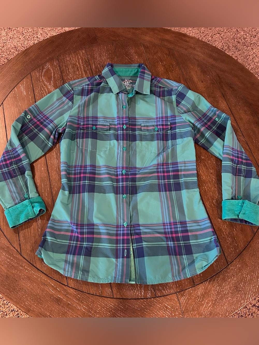 Kuhl Teal Green and Purple Plaid Women's Button-Up Semi Fitted Shirt Size Small